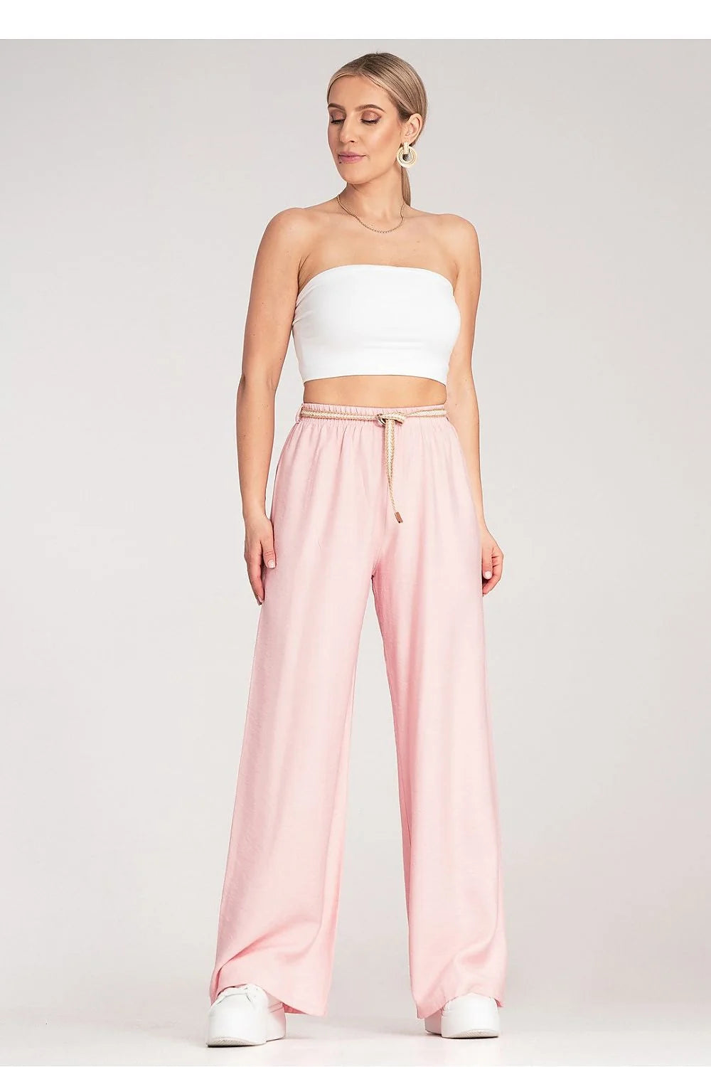 pantalon boho femme figl palazzo taille haute élastique ceinture tressée cordon doré viscose léger fluide jambes larges rose pastel