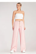 pantalon boho femme figl palazzo taille haute élastique ceinture tressée cordon doré viscose léger fluide jambes larges rose pastel