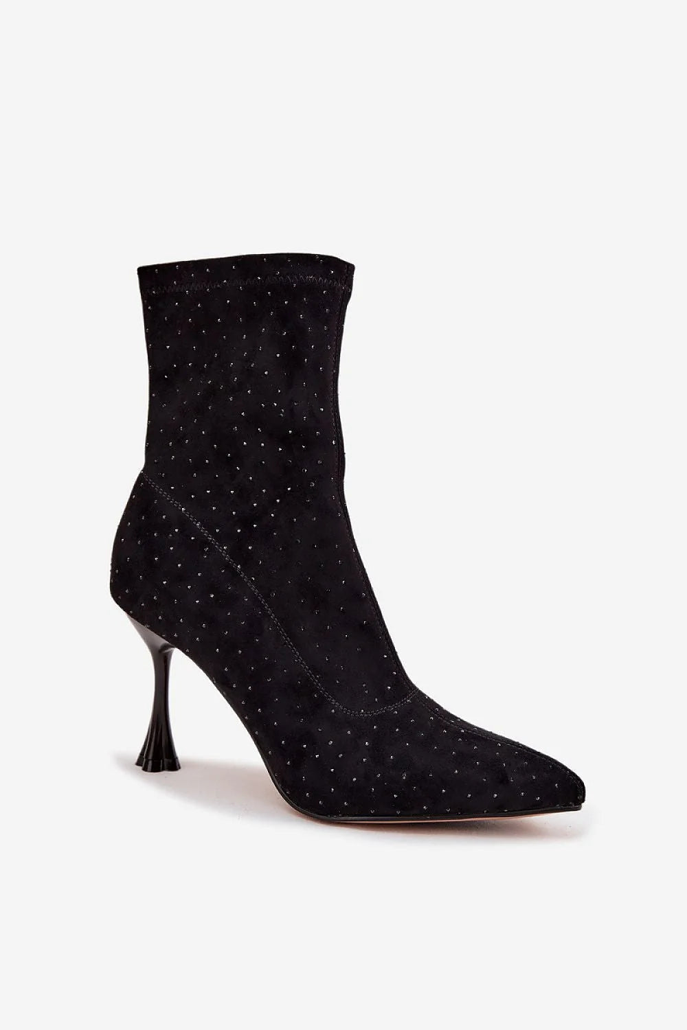 bottines femme suédine cuir écologique noire microstrass coutures décoratives ornements bout pointu tige montante ajustée fermeture zippée talon aiguille sculpté