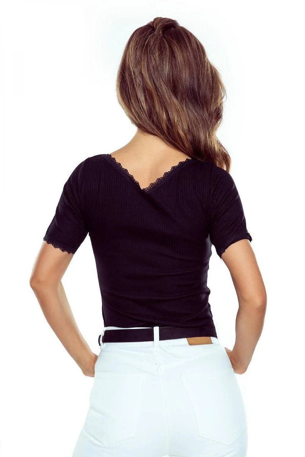 chemisier femme tricot noir encolureV dentelle manchescourtes ajusté côtelé extensible confortable cotonélasthanne stretch flatteur élégant raffiné polyvalent quotidien soirée