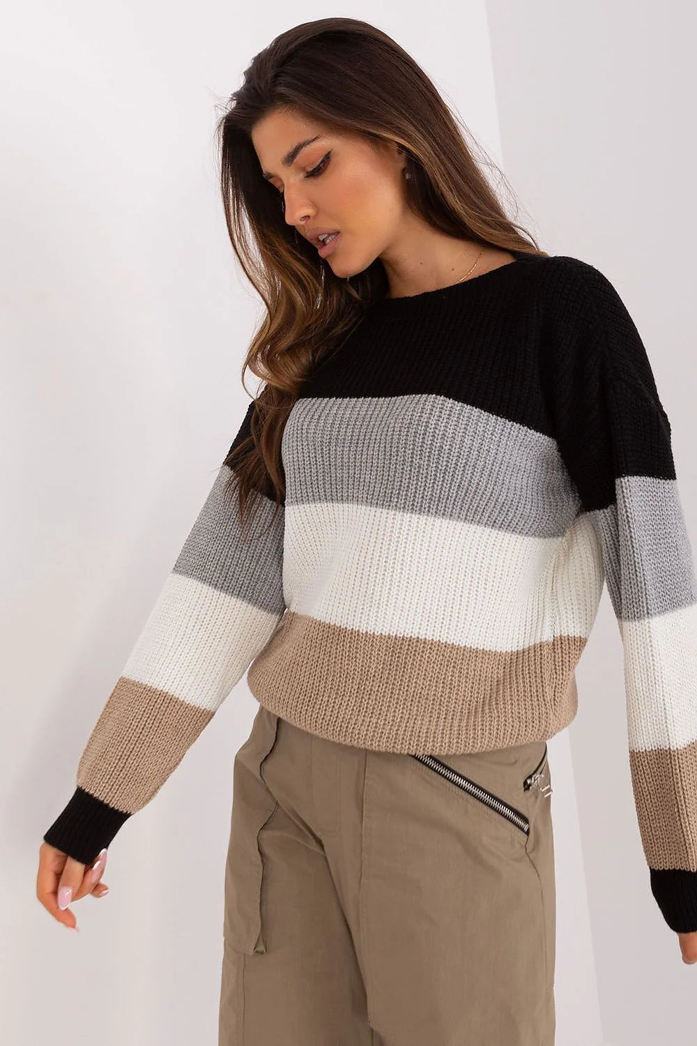 Pull femme style moderne décontracté rayures horizontales gradient matières mixtes chaleur confort manches longues col rond