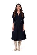 Robe de jour élégante Be Wear en maille douce couleur bleu marine manches longues encolure V taille cintrée pour femme