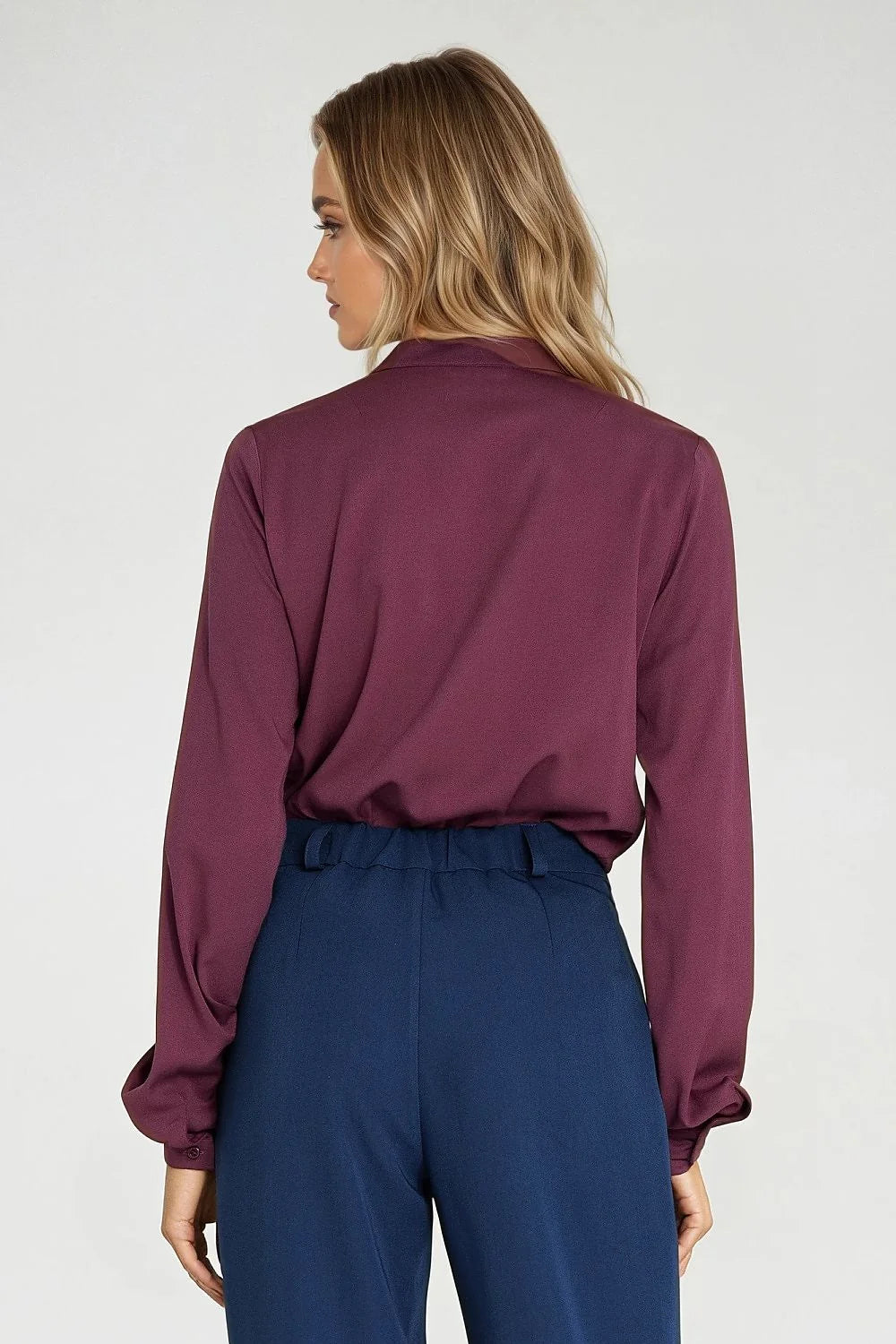 chemise blouse femme viscose légère fluide prune bordeaux cintrée noeud goutte boutonnage central fronces poignets boutons manches longues élégante bureau