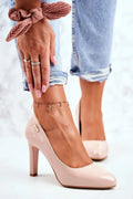 Escarpins élégants talon large cuir artificiel rose pâle bout amande semelle cuir naturel hauteur moyenne dorés femmes