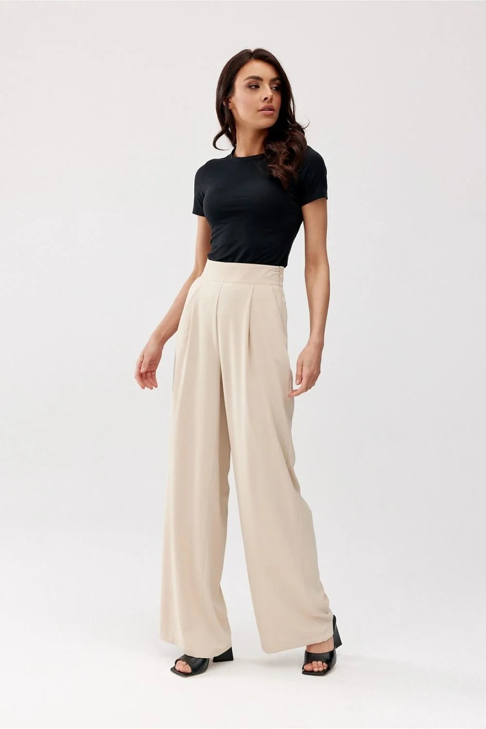 Combi femme élégante beige Bardot longues manches pantalon large taille haute style romantique polyester occasion spéciale