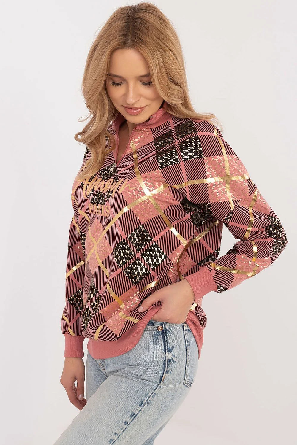 Sweatshirt femme carreaux doré Amour Paris longues manches col zippé coupe décontractée coton élasthanne