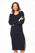 Robe de jour Tessita élégante en coton polyester bleu marine manches longues col rond taille ajustable pour femme