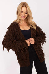 cardigan bohème oversize shaggy marron chocolat grosse maille bouclée franges manches longues coupe ouverte hanches bords côtelés texturé cosy tendance