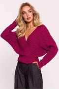 Pull en maille pour femme moderne couleur fuchsia manches longues encolure en V profonde coupe courte