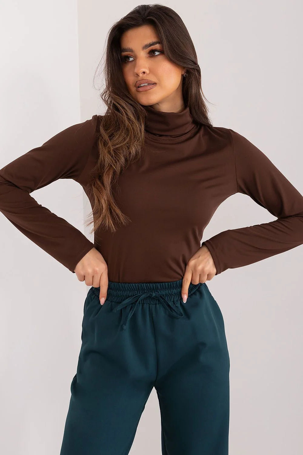 Haut à col roulé longues manches ajusté marron Pantalon droite bleu sarcelle femme moderne polyvalent
