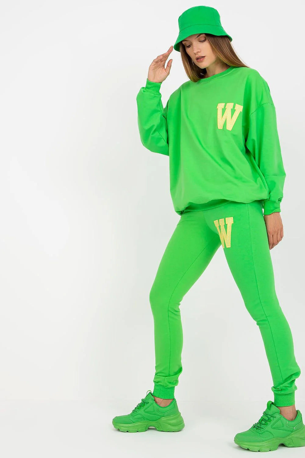 ensemble sportswear femme jaune canari oversize sweat manches longues legging slim taille élastique coton élasthanne molleton poches appliqué W orange