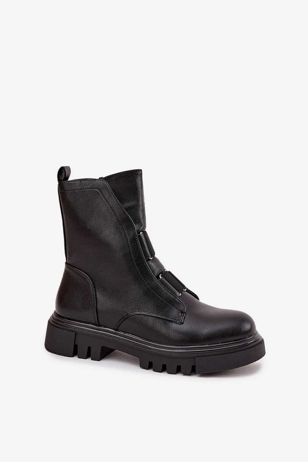bottines femme Jezzi cuir synthétique noir biker mi cheville bout rond semelle crantée antidérapante fermeture éclair latérale boucles métalliques décoratives