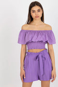 haut court bardot bohème coton extensible léger fluide volant généreux épaules dénudées smockée taille haute short paperbag ceinture nouée lilas