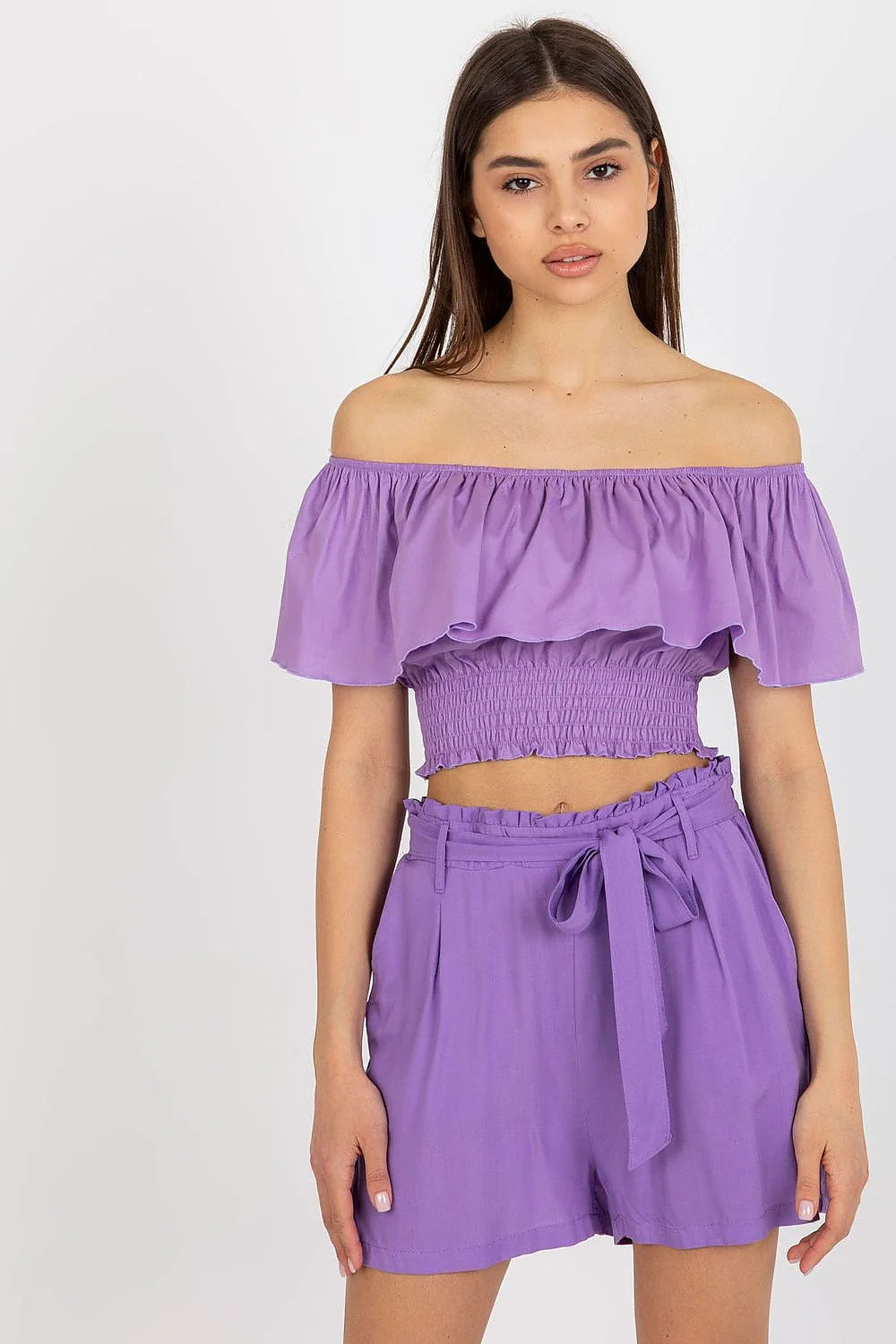 haut court bardot bohème coton extensible léger fluide volant généreux épaules dénudées smockée taille haute short paperbag ceinture nouée lilas