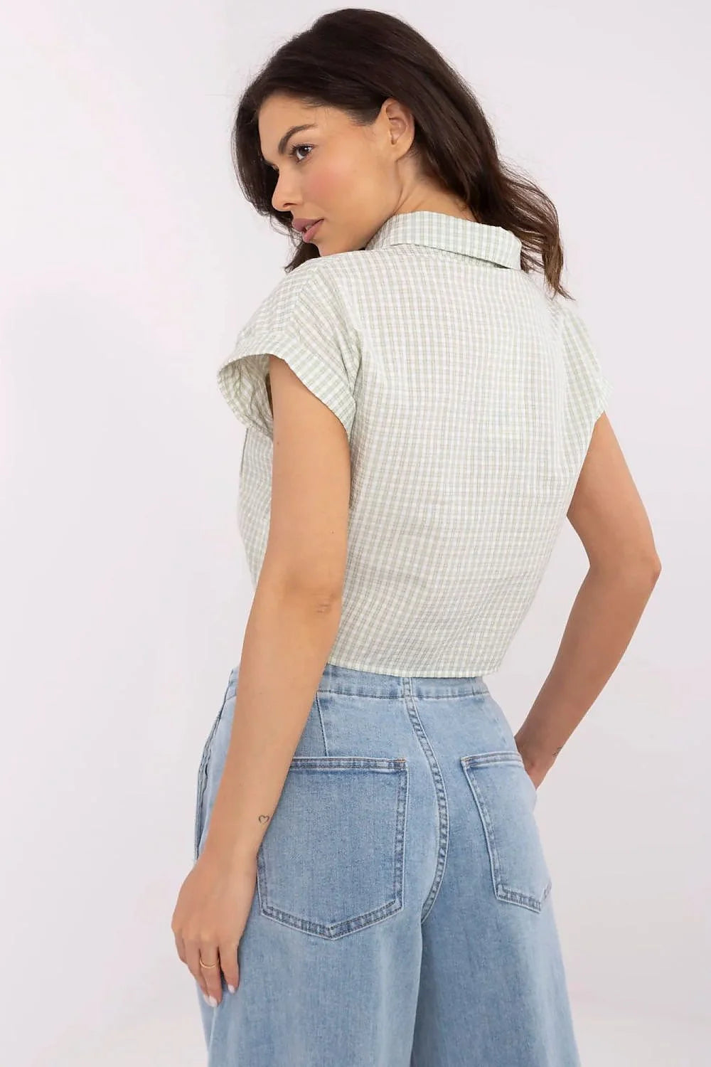 Chemisier femme cropped manches courtes nœud carreaux été mode élégant confortable coton polyuréthane taille ajustable
