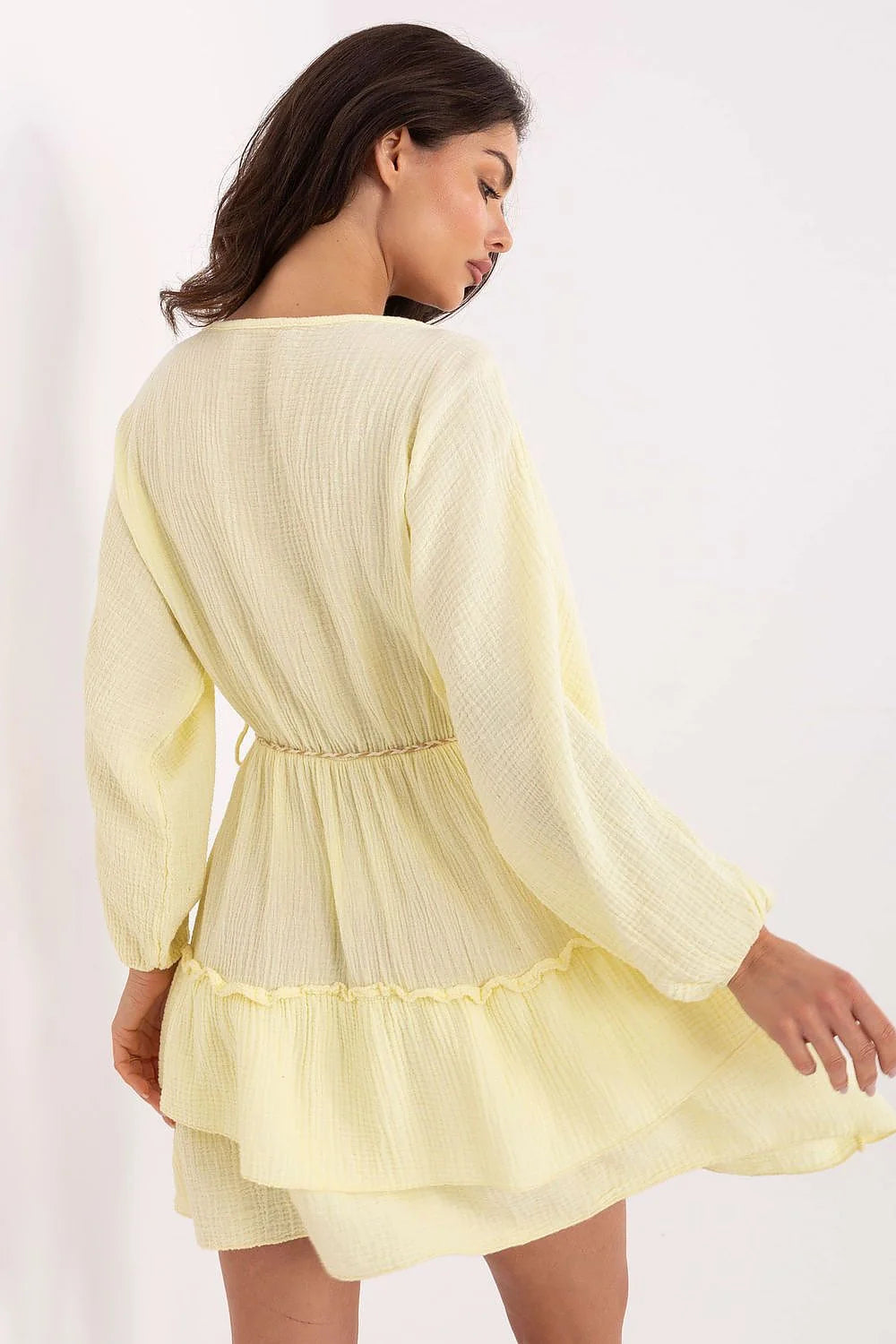 Robe de jour Italy Moda style bohème été coton mousseline jaune pâle manches longues élastiques ceinture tressée femme