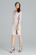 robe fourreau midi femme rose poudré cache coeur manches trois quarts ceinture ajustable boutons noirs fente stretch crêpe maintien élégant