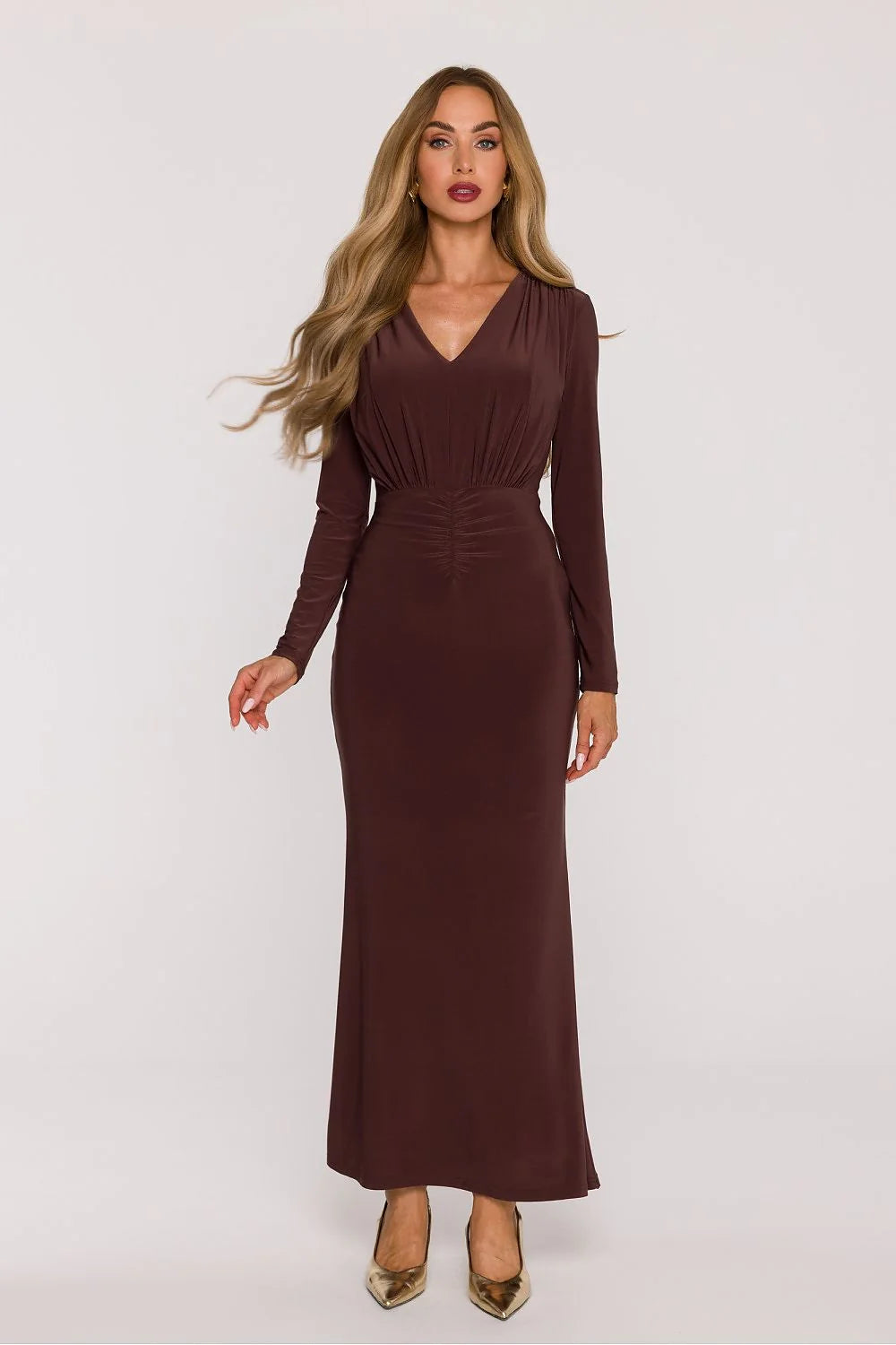 robe longue maxi soirée femme marron chocolat jersey extensible coupe ajustée manches longues encolure V foulard écharpe intégré