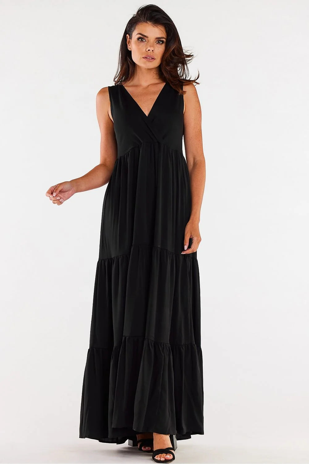 Robe de soirée élégante longue sans manches décolleté V dos droit viscose noire femme occasion spéciale