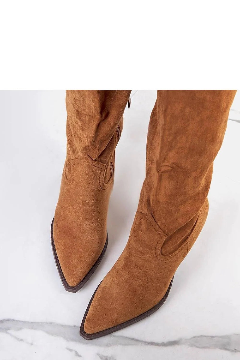 bottes western talon bloc cuir écologique marron camel femme montantes genou bout pointu doublure fourrure semelle contraste coutures passants zip