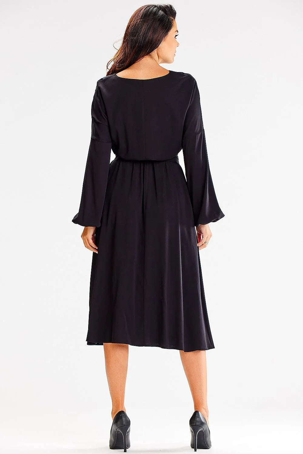 Robe élégante pour femme en viscose noire ample manches longues ceinture intégrée taille ajustable