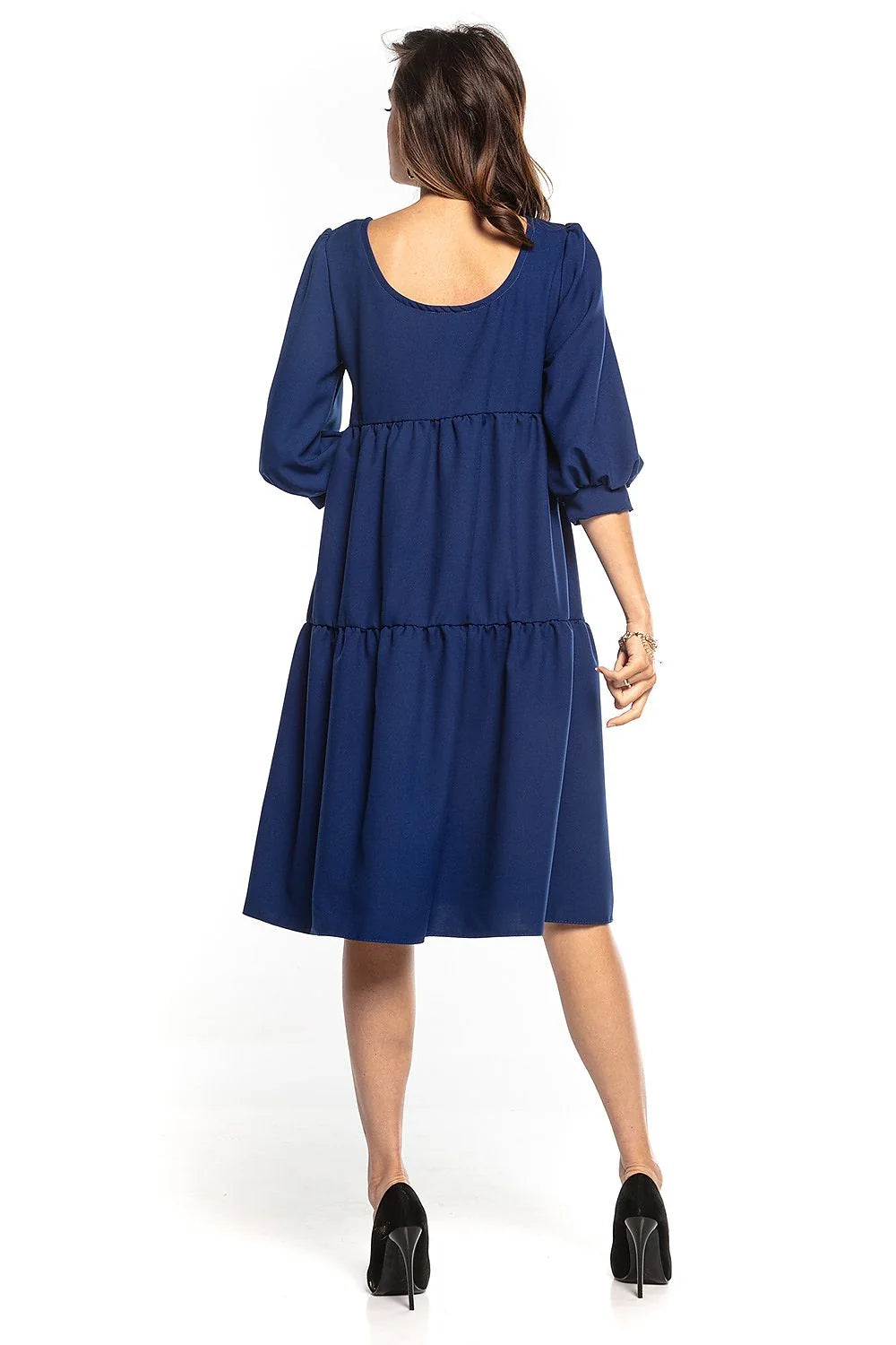 Robe élégante en polyester bleu canard manches bouffantes pour style chic et décontracté femmes