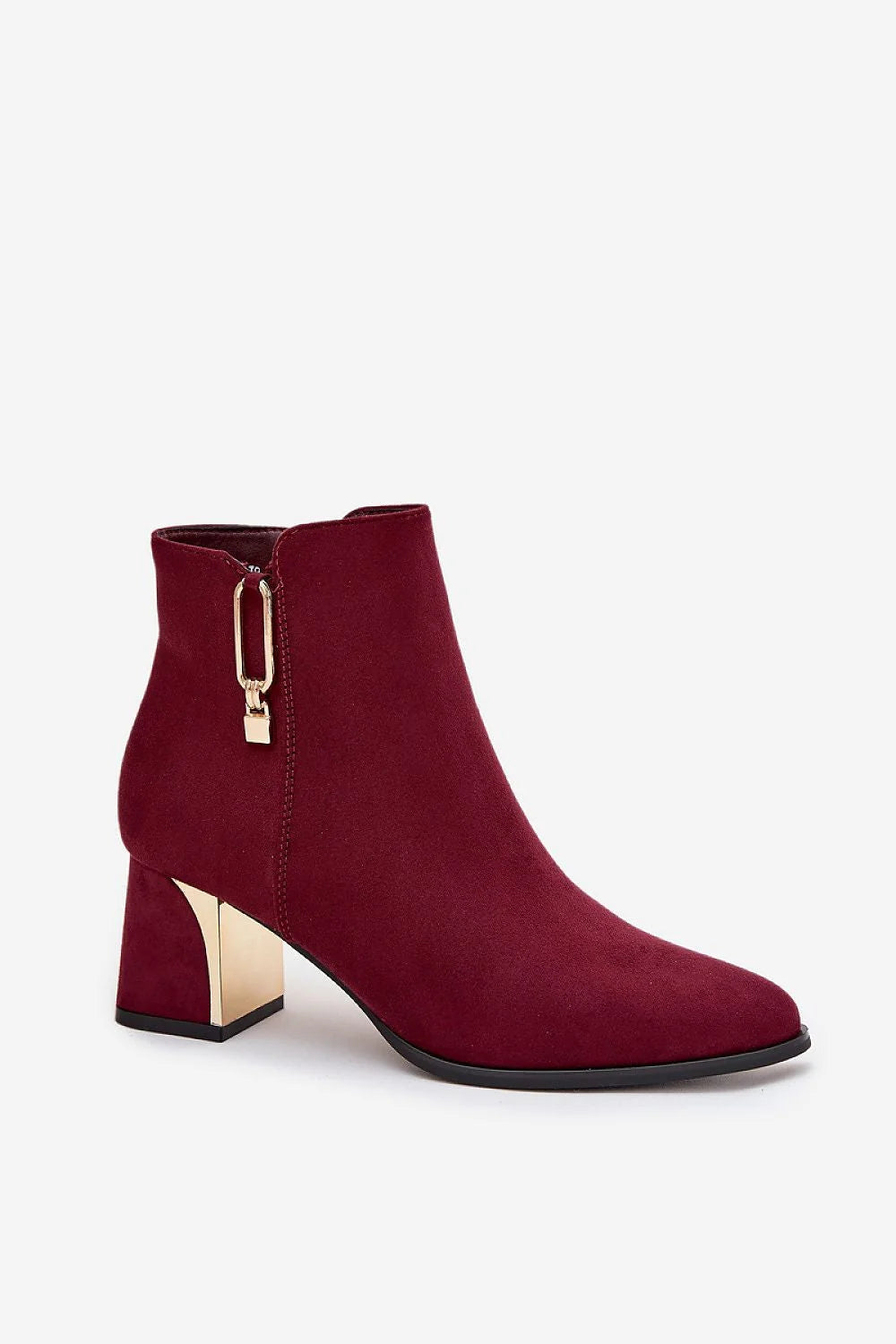 bottines femme suédine écologique bordeaux cheville bout amande talon pilier moyen doré métallisé détail zippée semelle noire silhouette épurée élégante