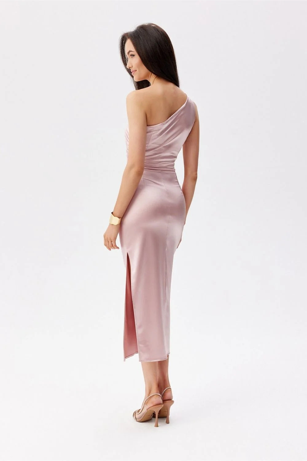 Robe de soirée asymétrique une épaule satin rose pâle longueur midi fente élégance femme