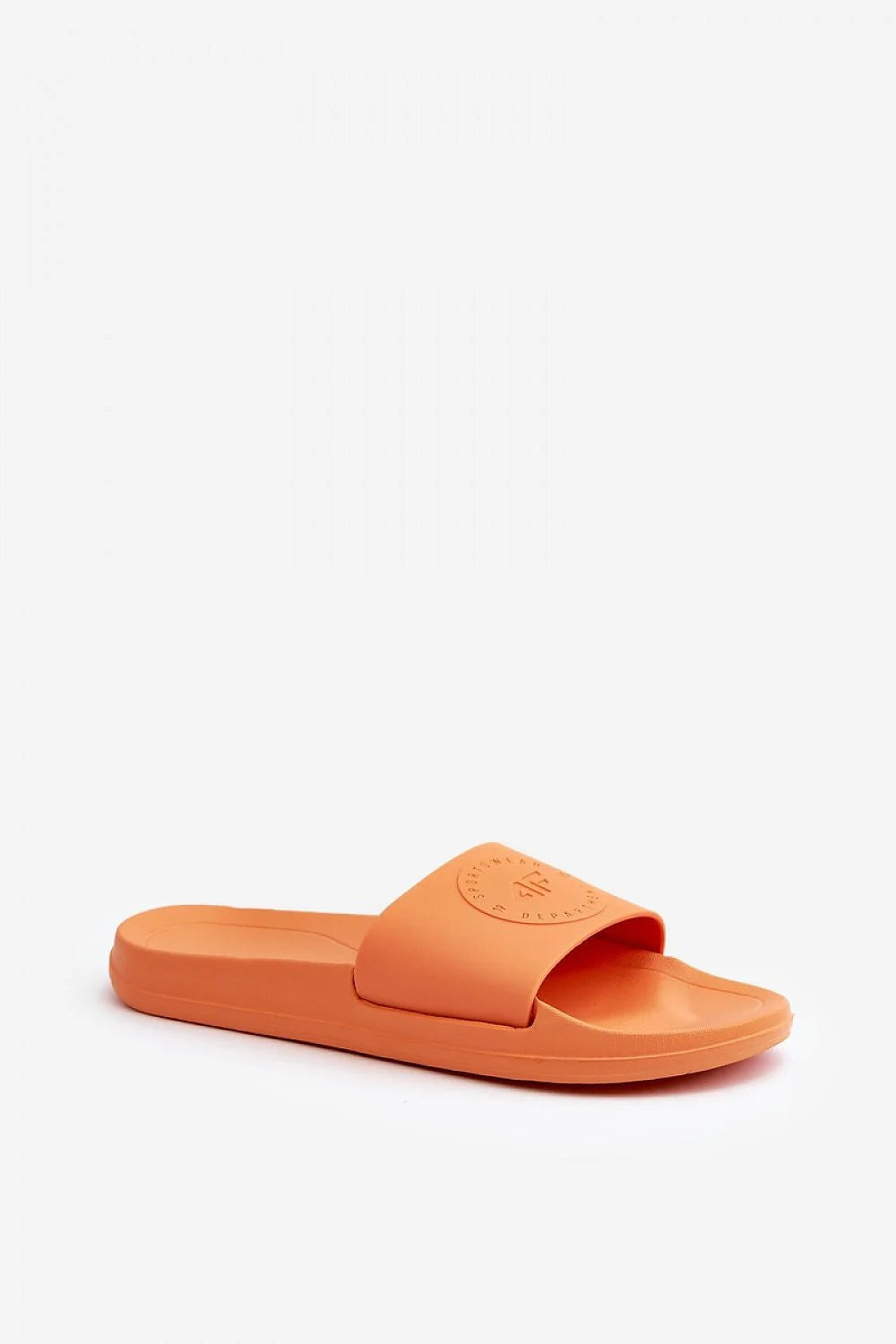 sandales femmes sportswear confortables durables minimaliste corail orange bride large logo circulaire embossé semelle épaisse profilée antidérapante rembourrée facile enfiler