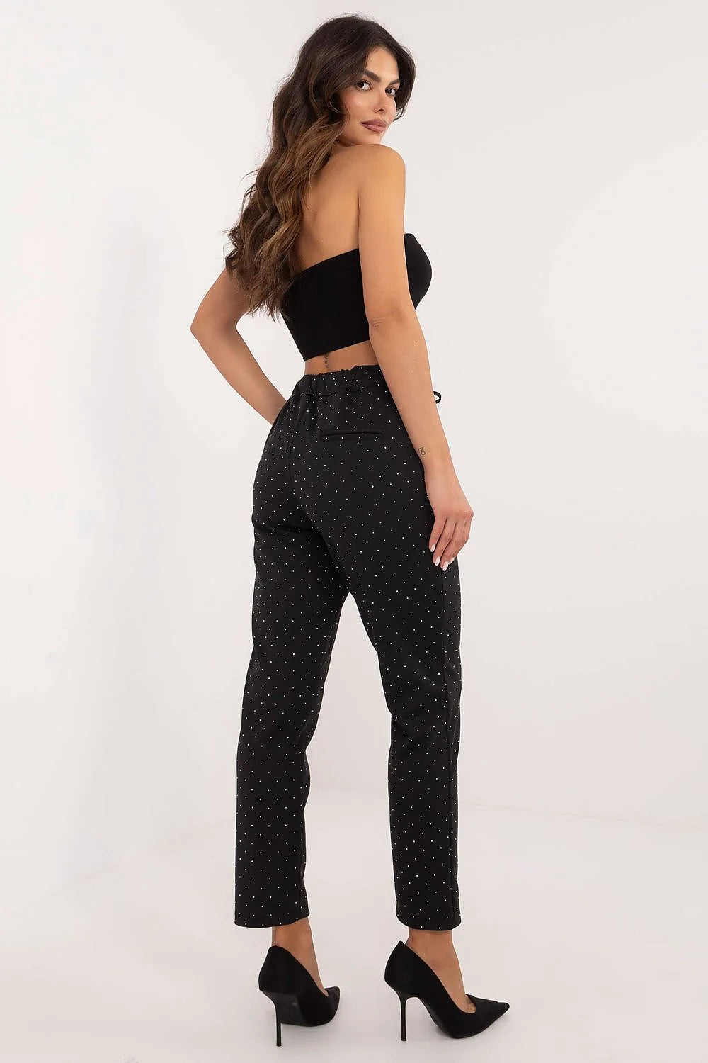 pantalon survêtement élégant Italy Moda viscose nylon élasthanne taille haute cigarette noir micro pois blancs cheville poches latérales