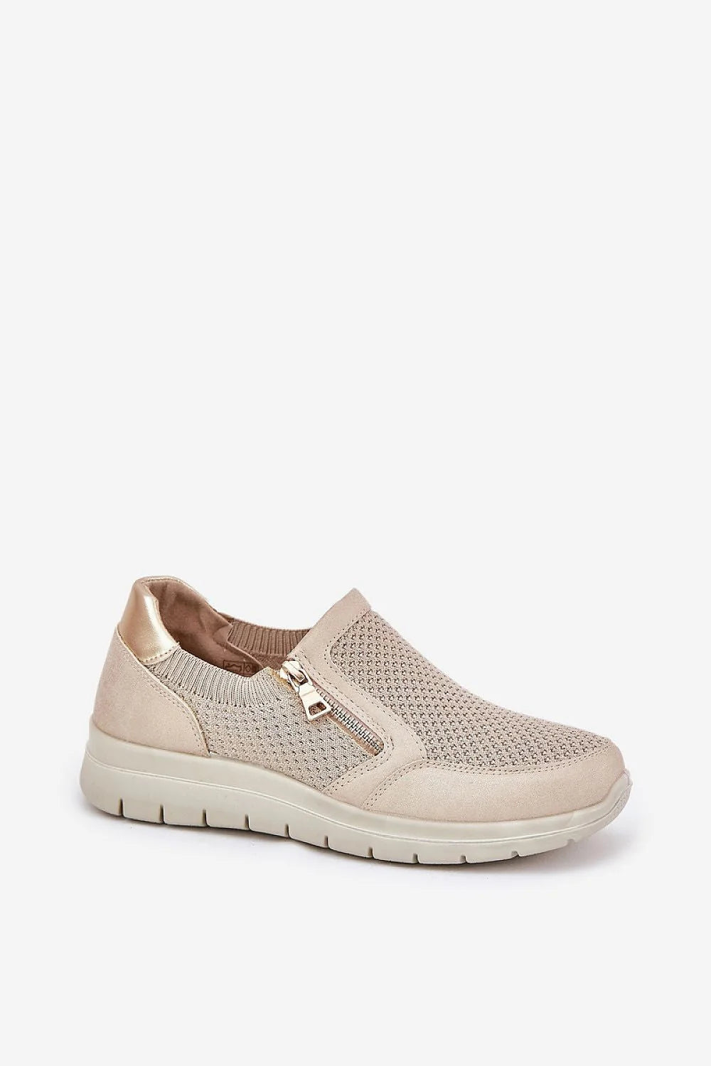 Chaussures basses féminines modernes en maille beige et cuir synthétique fermeture éclair dorée confort toute la journée occasions quotidiennes