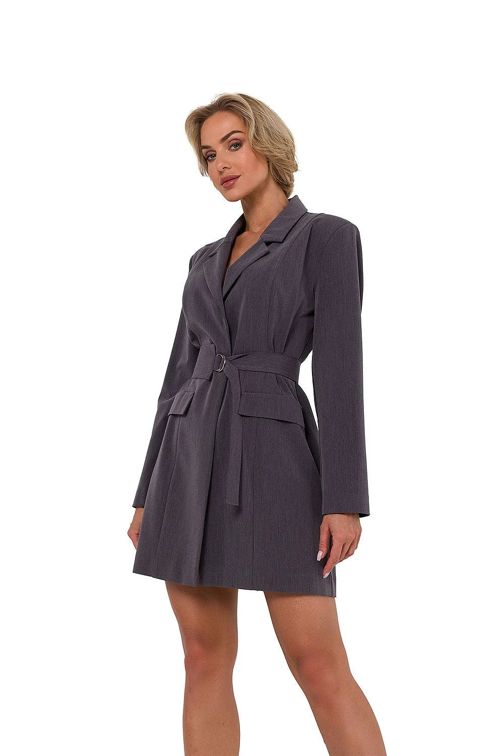 Robe blazer élégante pour femme en gris foncé tissu structuré ceinture ajustable manches longues style moderne