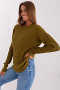 Pull élégant pour femme manches longues couleur kaki matière tricotée texture relief style casual-chic polyvalent