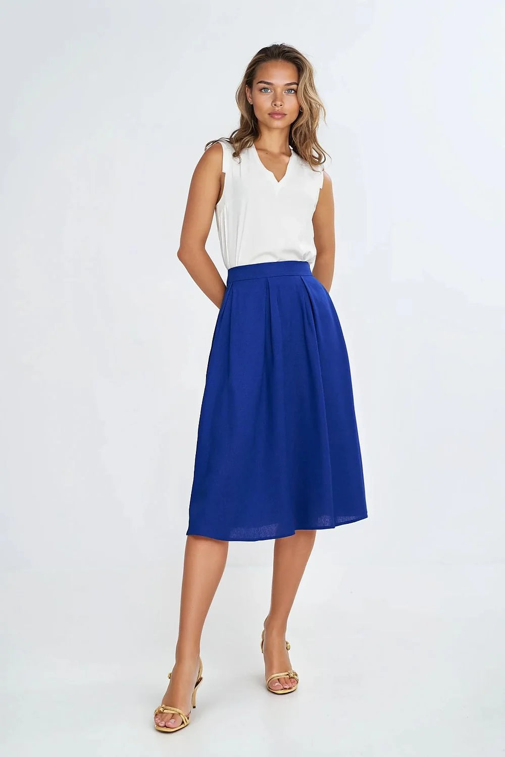 Ensemble deux pièces chemisier jupe femme sans manches V-neck blanc bleu vibrant coton polyester taille ajustable