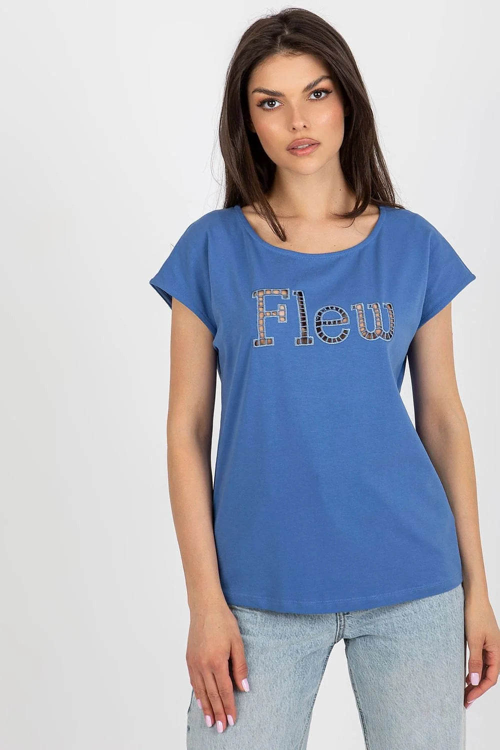T-shirt Fancy pour femmes bleu vif motif Flew coton élasthanne coupe ample manches courtes col rond