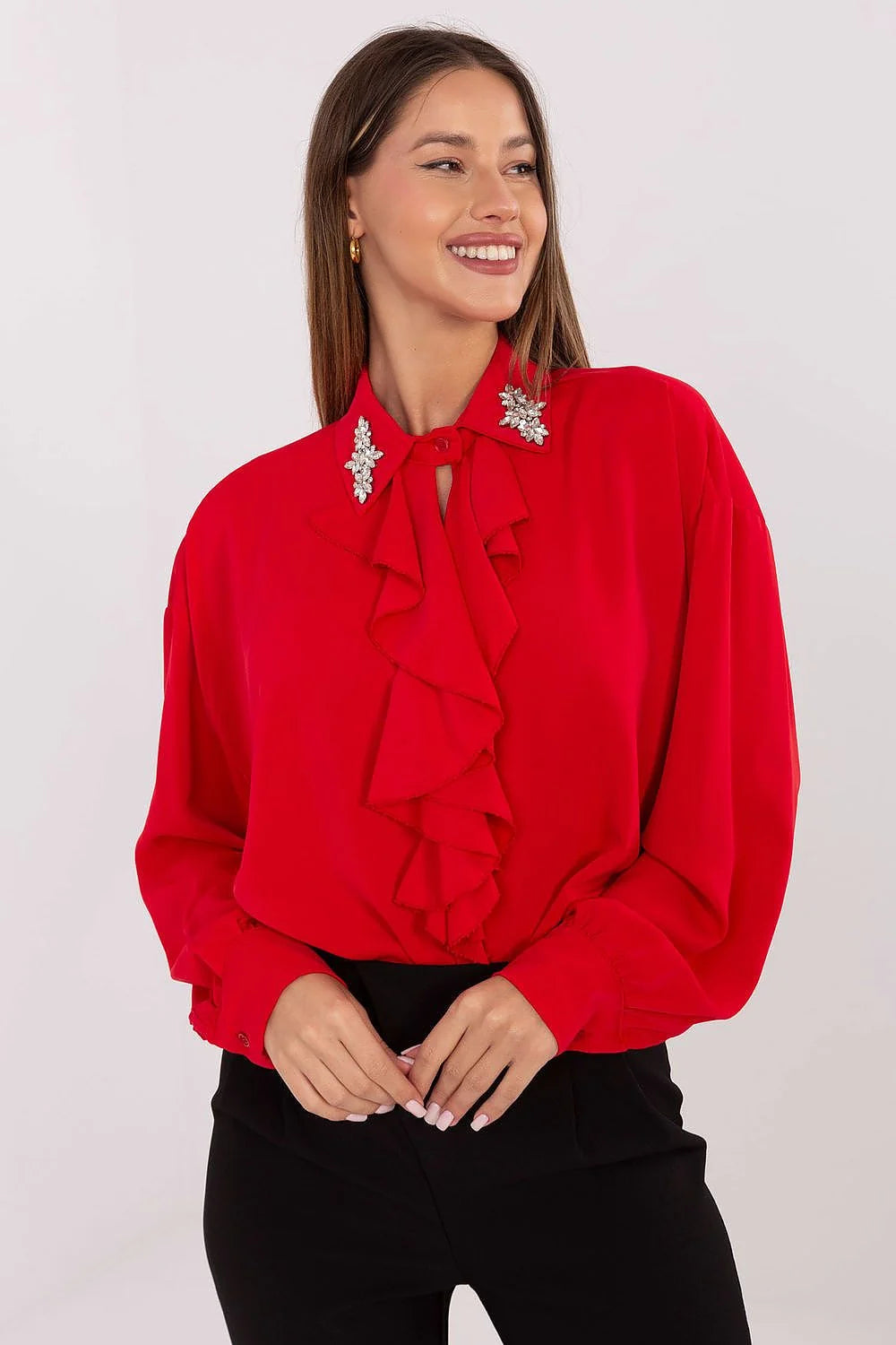 chemisier élégant féminin asymétrique dos long col large jabot subtil manches bouffantes polyester léger ajusté silhouette
