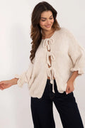 Cardigan femme tricoté style décontracté motif uni crème manches 3/4 fermeture nouettes laine acrylique douce