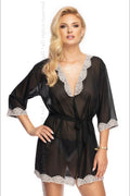 Peignoir en soie mousseline noire dentelle beige élégant sexy pour soirées romantiques femmes tendance