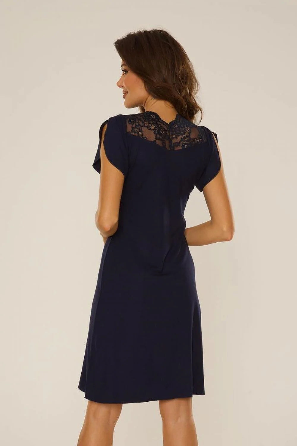 Chemise de nuit De Lafense en viscose bleu marine dentelle col V manches courtes taille ajustée femme