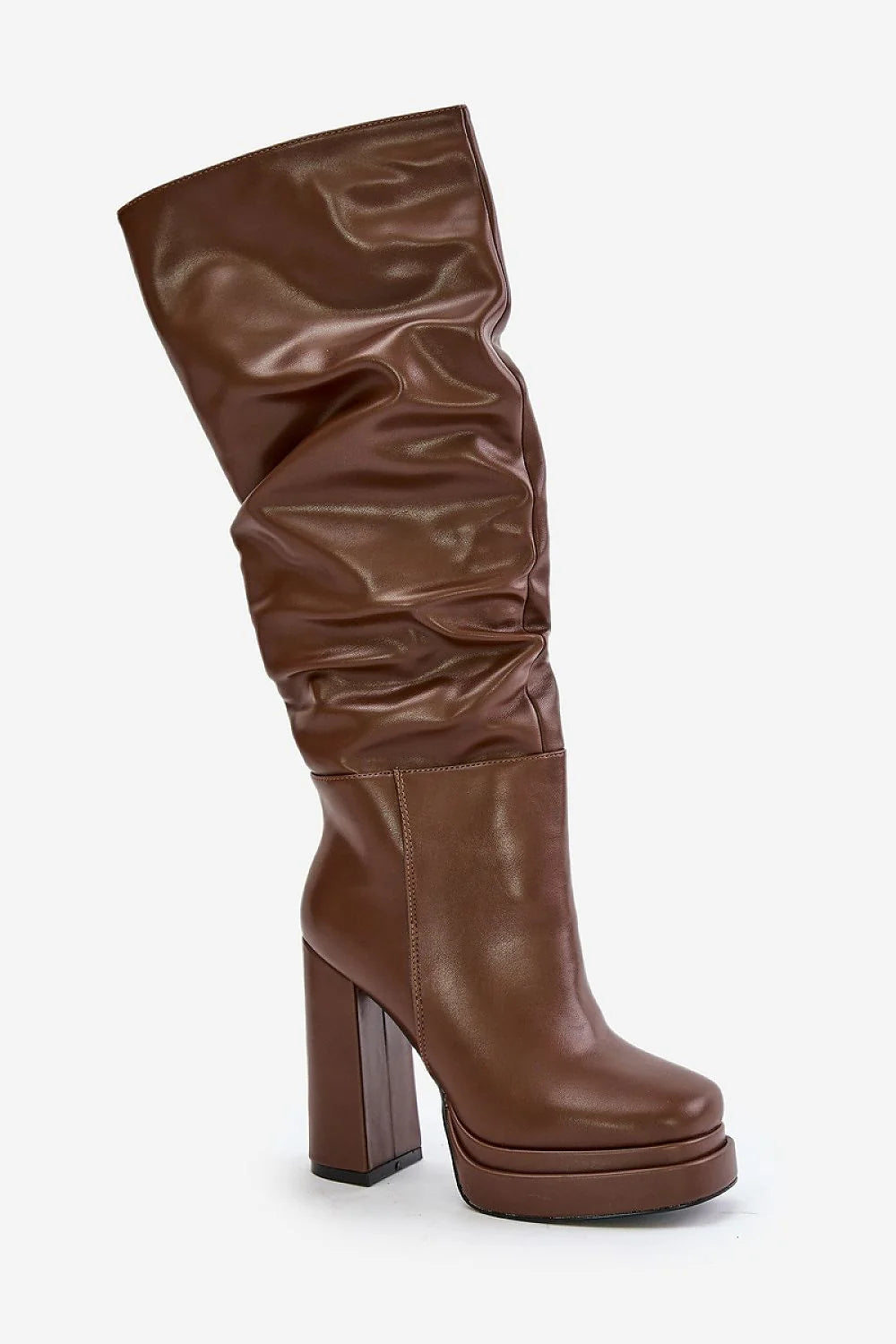 Bottes à talons hauts en cuir artificiel, design plissé, talon bloc, élégance moderne pour femme