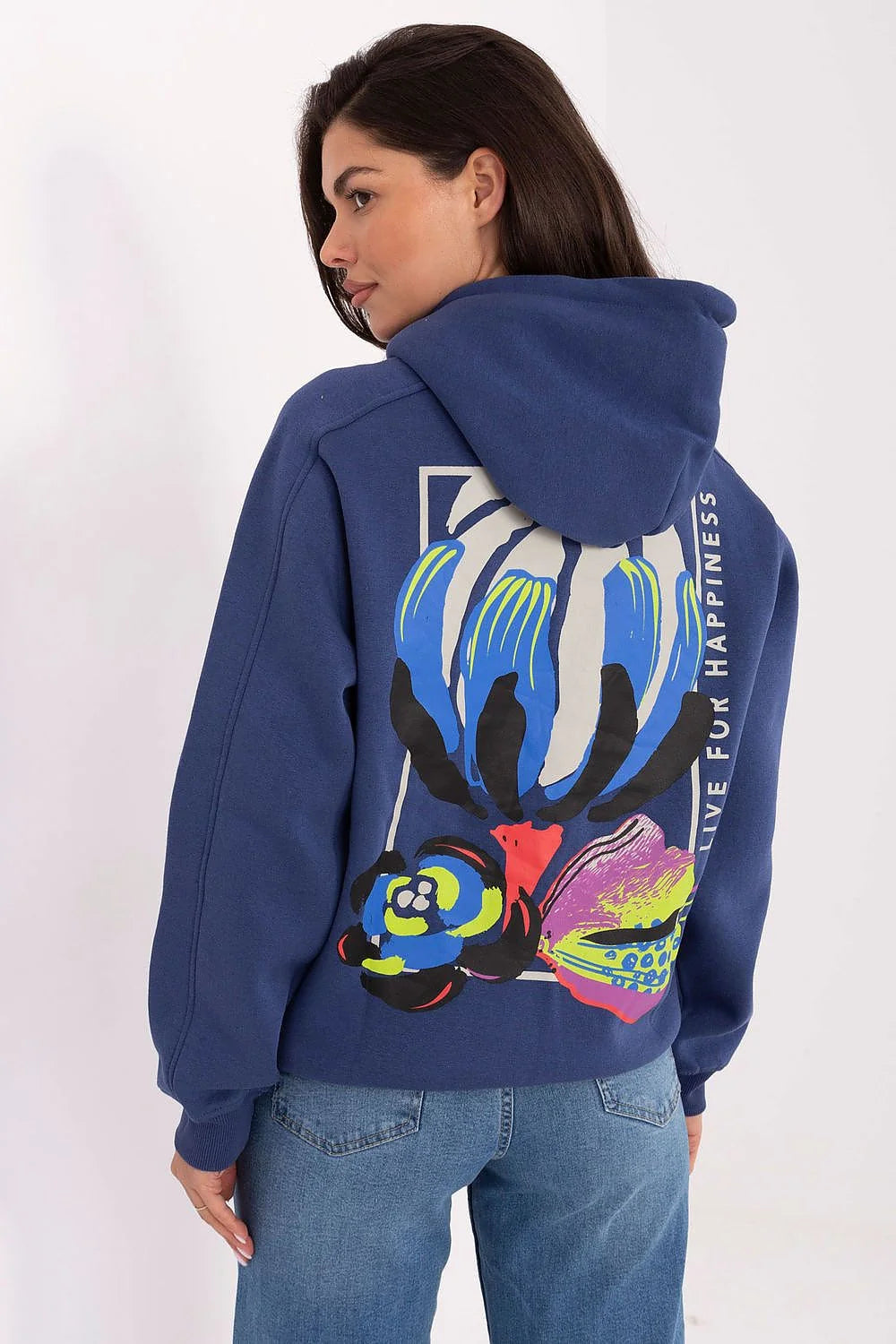 sweatshirt femme capuche bleu marine molletonné oversize décontracté coton polyester douillet cordons blancs poches latérales impression multicolore