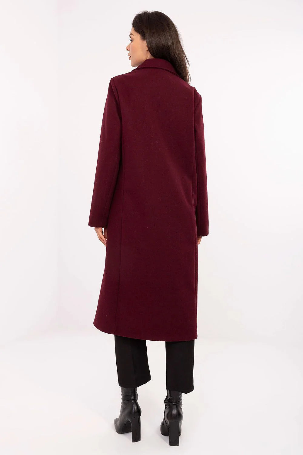 manteau long femme bordeaux coupe droite col tailleur revers boutonnage deux boutons poches rabat manches longues polyester doublé