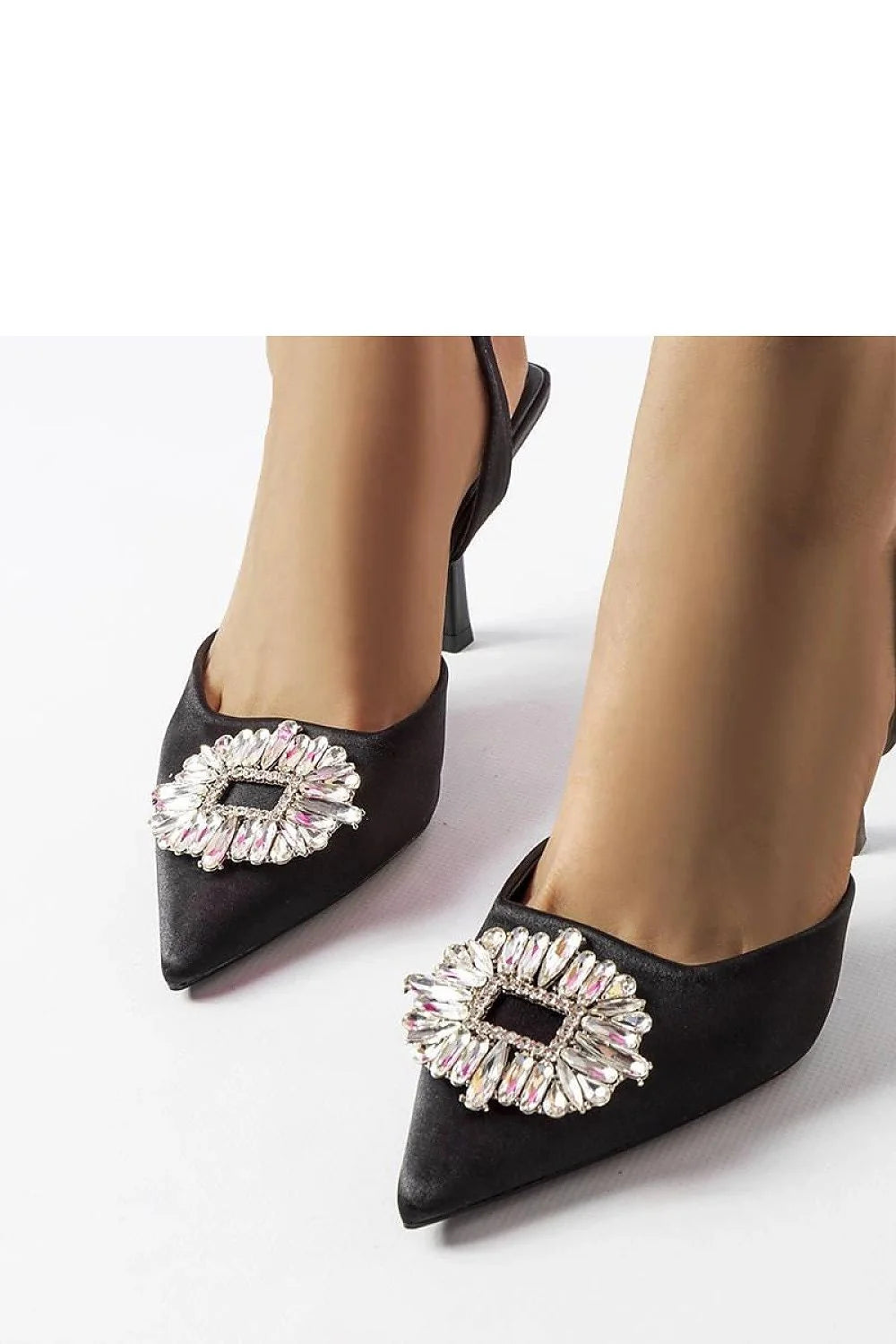 Escarpins élégants à talon stiletto高12cm, design slingback, bijoux scintillants, matière satinée noire, idéal pour soirées, femmes