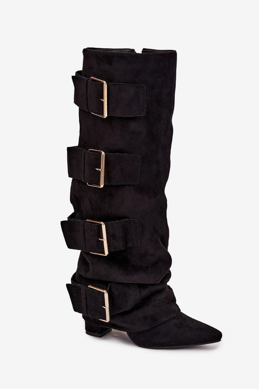 bottes hautes femme suédine noire slouchy bout pointu talon carré petit rock chic western cuir écologique brides réglables boucles dorées