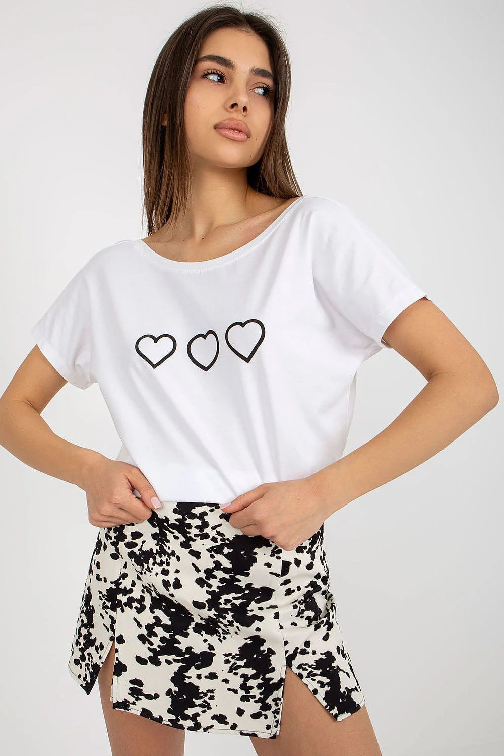T-shirt Rue Paris femme en coton imprimé cœurs noirs coupe droite manches courtes encolure bateau jupe animalière zèbre noir blanc