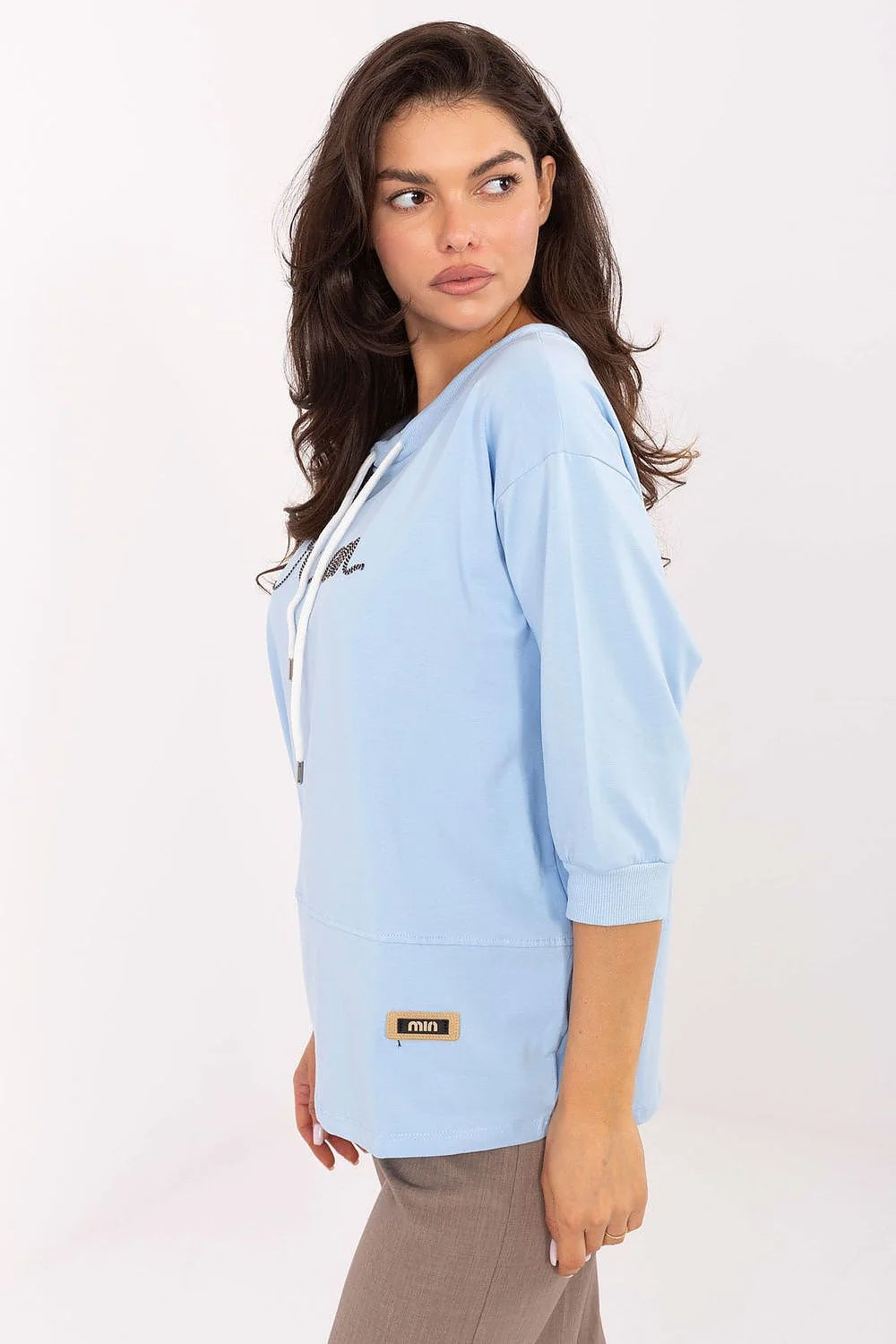 chemisier sweat femme casual tunique bleu ciel col rond cordons blancs manches trois quarts molleton coton stretch broderie