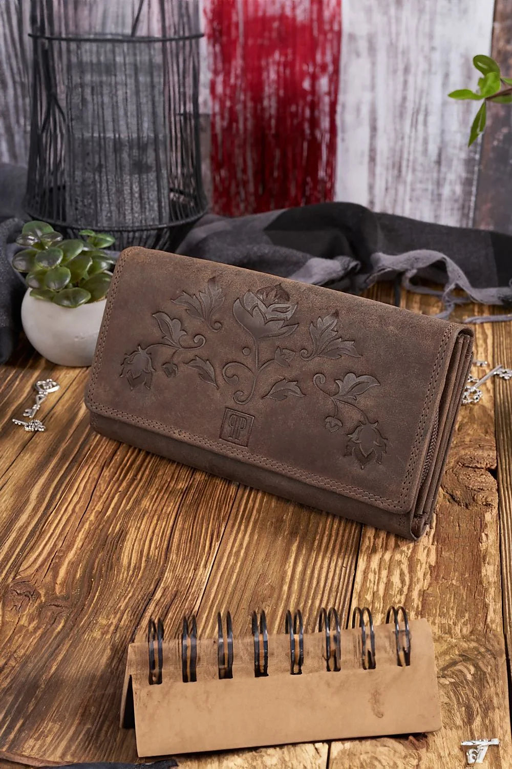 Portefeuille femme Galanter T-05-BR cuir brun style vintage floral embossé RFID sécurisé compartiments multiples