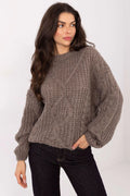 pull femme oversize maille épaisse mohair duveteuse torsadé central col rond manches bouffantes resserrées poignets coupe ample taupe