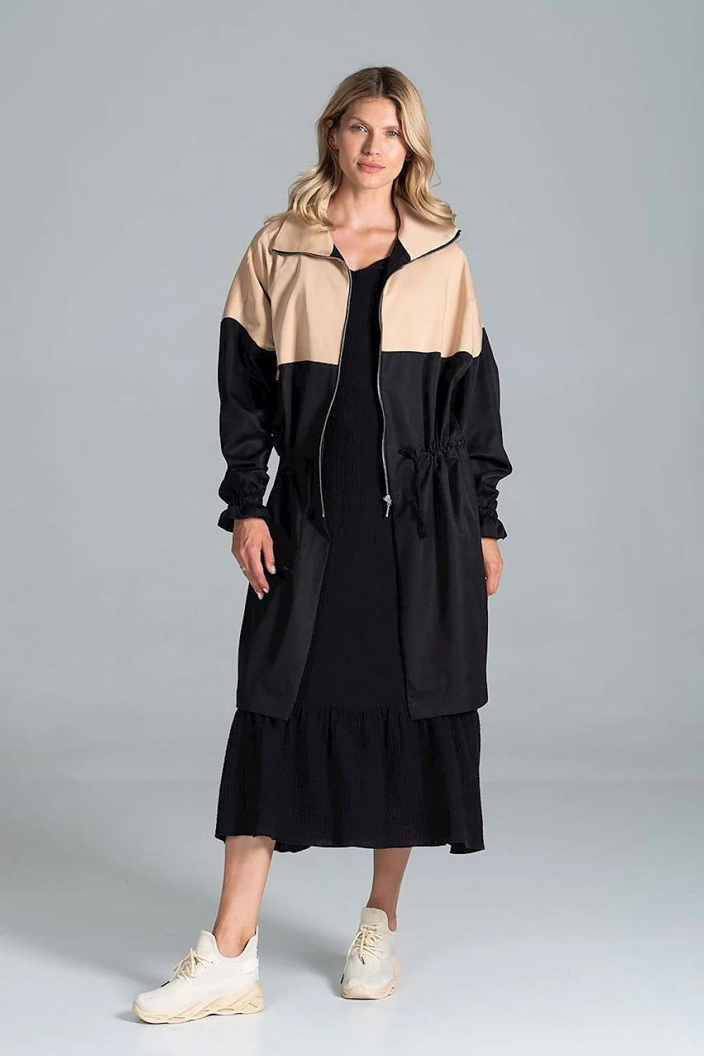 Manteau femme polyester bicolore gris clair beige long élégant urbain capuche mi-saison mode automne