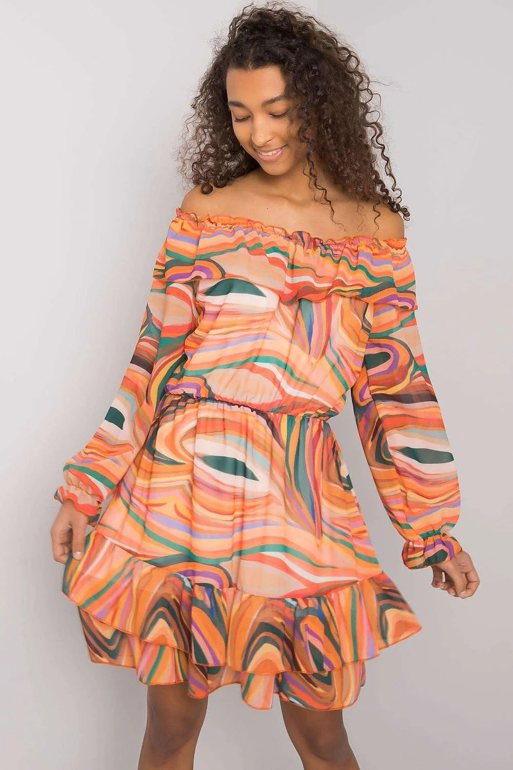 Robe de jour Italy Moda style espagnol décolleté Bardot manches longues élasthanne polyester viscose taille universelle 85 cm 92 cm
